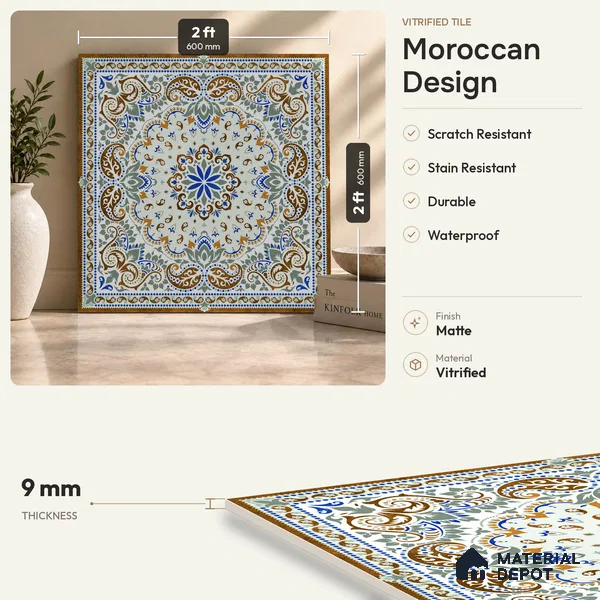 Moroccan Wall & Floor Tile TL 06908 2 ft x 2 ft Vitrified Carving Matte Finish - 9 mm | Suitable For Kitchen, Bedroom, Dining Area | Please Expect a Slight Variation of Pattern