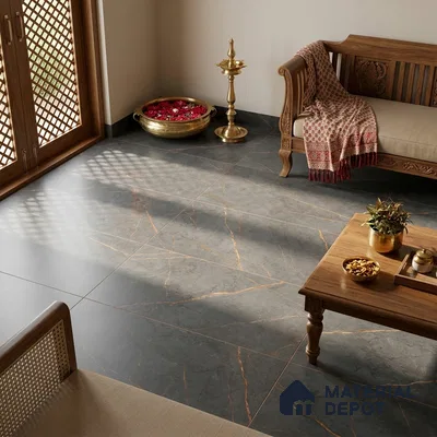 Marble Fior di Bosco Wall & Floor Tile TL 06911 Slate Grey 4 ft x 2 ft Matte Finish Vitrified Tile - 9 mm | 6 Random Designs | Suitable For Living Room, Bedroom, Kitchen