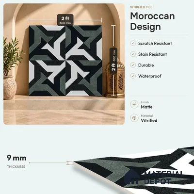 Black Moroccan Wall & Floor Tile TL 06930 2 ft x 2 ft Vitrified Carving Matte Finish - 9 mm | Suitable For Kitchen, Foyer, Dining Area | Please Expect a Slight Variation of Pattern