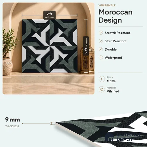 Black Moroccan Wall & Floor Tile TL 06930 2 ft x 2 ft Vitrified Carving Matte Finish - 9 mm | Suitable For Kitchen, Foyer, Dining Area | Please Expect a Slight Variation of Pattern