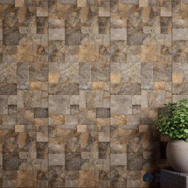 Brown Stone Floor & Wall Tile TL 06951 Prestige Evardo Brown 2 ft x 4 ft Vitrified Carving Matte Finish - 9 mm | 4 Random Design | Suitable for Living Room, Bedroom, Bathroom