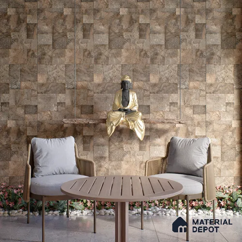Brown Stone Floor & Wall Tile TL 06951 Prestige Evardo Brown 2 ft x 4 ft Vitrified Carving Matte Finish - 9 mm | 4 Random Design | Suitable for Living Room, Bedroom, Bathroom