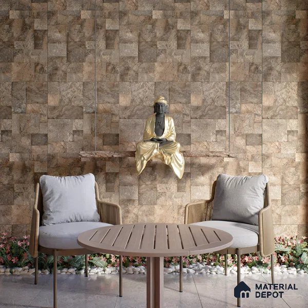 Brown Stone Floor & Wall Tile TL 06951 Prestige Evardo Brown 2 ft x 4 ft Vitrified Carving Matte Finish - 9 mm | 4 Random Design | Suitable for Living Room, Bedroom, Bathroom