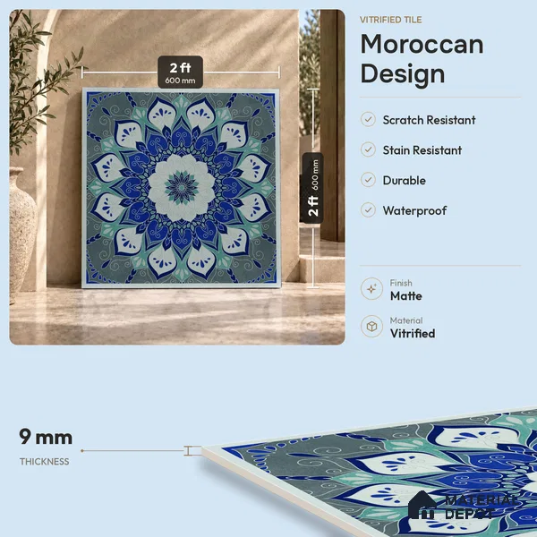 Moroccan Wall & Floor Tile TL 06993   2 ft x 2 ft Vitrified Carving Matte Finish - 9 mm | Suitable For Kitchen, Accent/Feature Wall, Dining Area | Please Expect a Slight Variation of Pattern