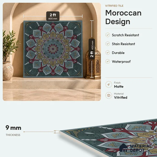 Moroccan Wall & Floor Tile TL 06994   2 ft x 2 ft Vitrified Carving Matte Finish - 9 mm | Suitable For Kitchen, Accent/Feature Wall, Dining Area | Please Expect a Slight Variation of Pattern