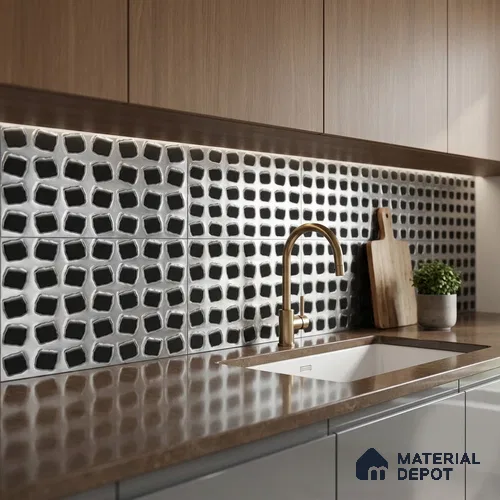 White Metallic Wall Tile TL 07022 2 ft x 1 ft Ceramic Carving Metallic Finish - 9 mm | Suitable for Living Room, Bedroom, Bathroom