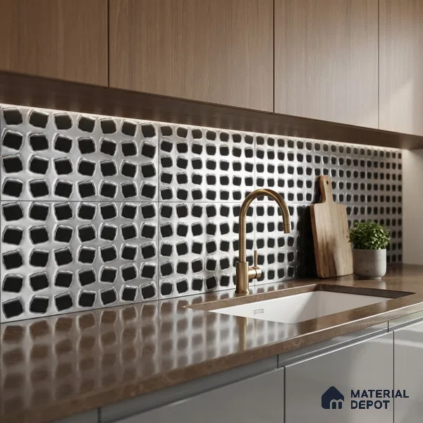 White Metallic Wall Tile TL 07022 2 ft x 1 ft Ceramic Carving Metallic Finish - 9 mm | Suitable for Living Room, Bedroom, Bathroom