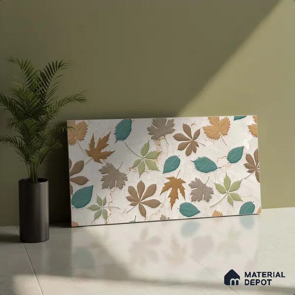 Tropical Wall Tile TL 07025 Carving Satin Finish 2 ft x 1 ft Ceramic Tile - 9 mm | Suitable for Living Room, Bedroom, Bathroom | Please Expect a Slight Variation of Pattern