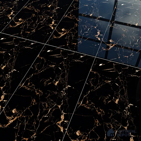 Marble Portoro Wall & Floor Tile TL 07036 Jet Black 4 ft x 2 ft High Gloss Finish Vitrified Tile - 9 mm | 4 Random Designs | Suitable For Living Room, Bedroom, Dining
