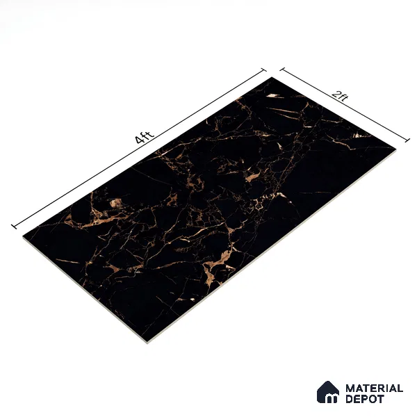 Marble Portoro Wall & Floor Tile TL 07036 Jet Black 4 ft x 2 ft High Gloss Finish Vitrified Tile - 9 mm | 4 Random Designs | Suitable For Living Room, Bedroom, Dining