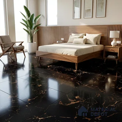Black Marble Floor & Wall Tile TL 07036 Gravier  2 ft x 4 ft Vitrified High Gloss Finish - 9 mm | 4 Random Design | Suitable for Living Room, Bedroom, Bathroom