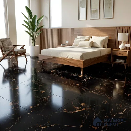 Black Marble Floor & Wall Tile TL 07036 Gravier 2 ft x 4 ft Vitrified High Gloss Finish - 9 mm | 4 Random Design | Suitable for Living Room, Bedroom, Bathroom