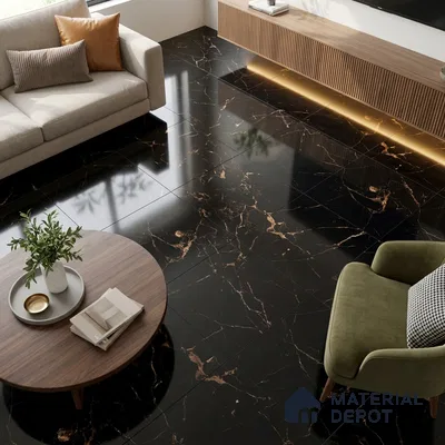 Marble Portoro Wall & Floor Tile TL 07036 Jet Black 4 ft x 2 ft High Gloss Finish Vitrified Tile - 9 mm | 4 Random Designs | Suitable For Living Room, Bedroom, Dining