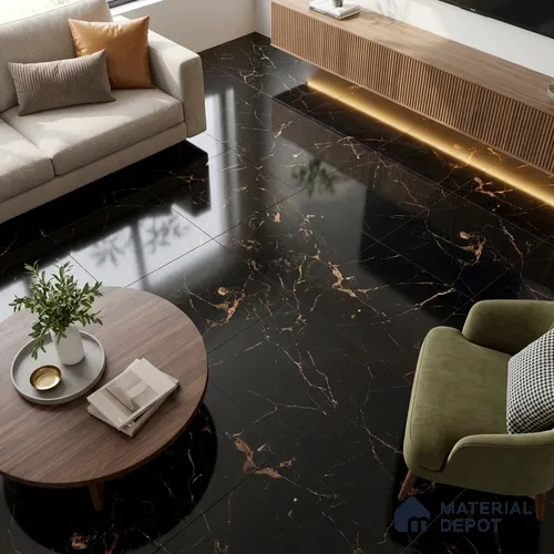 Marble Portoro Wall & Floor Tile TL 07036 Jet Black 4 ft x 2 ft High Gloss Finish Vitrified Tile - 9 mm | 4 Random Designs | Suitable For Living Room, Bedroom, Dining