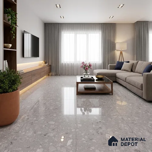 Grey Terrazzo Wall & Floor Tile TL 07045 4 ft x 2 ft Vitrified Glossy Finish - 9 mm | 8 Random Design | Suitable for Living Room, Bedroom, Bathroom