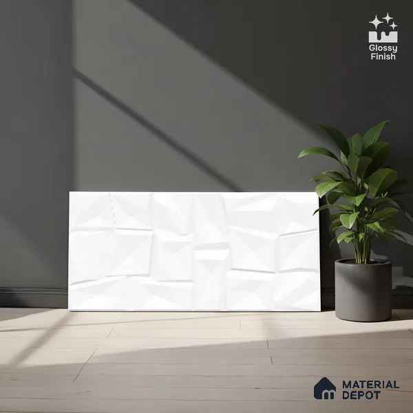 3D Look Glossy Finish White Ceramic Wall Tile | TL 07074 2 ft x 1 ft - 9 mm | Suitable For Kitchen & Bathroom