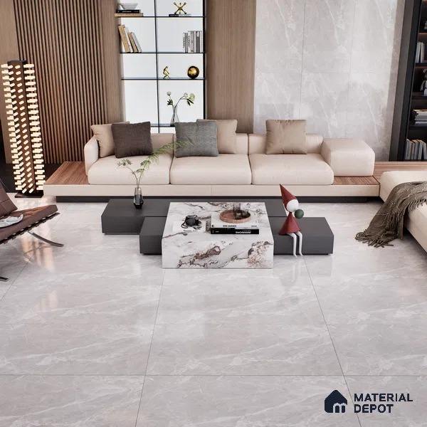 Marble Tundra Grey Wall & Floor Tile TL 07091 B Dove Grey 4 ft x 2 ft Glossy Finish Vitrified Tile - 9 mm | 4 Random Designs | Suitable For Living Room, Bedroom, Dining