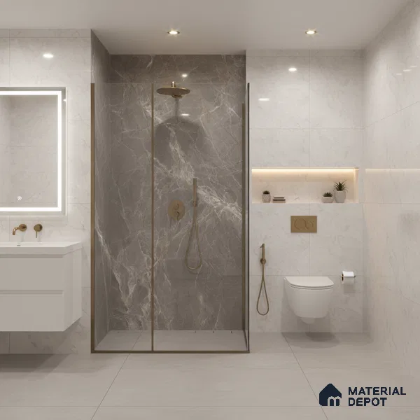 Marble Floor & Wall Tile TL 07093 B Balki Grey 4 ft x 2 ft Glossy Finish Vitrified Tile - 9 mm | 4 Random Design | Suitable For living Room, Bedroom, Bathroom (Sample)