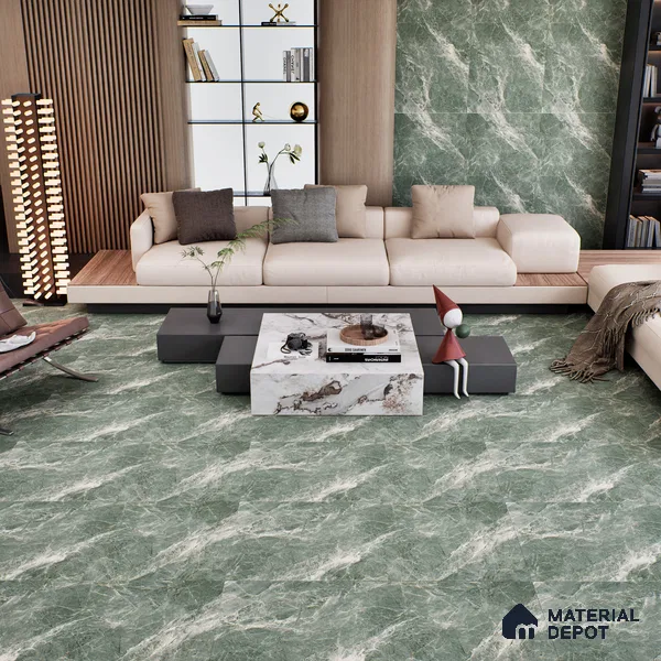 Marble Verde Wall & Floor Tile TL 07099 Dusty Green 4 ft x 2 ft Matte Finish Vitrified Tile - 9 mm | 4 Random Designs | Suitable For Living Room, Bedroom, Kitchen