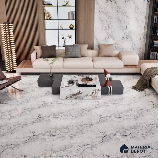 Marble Carrara Wall & Floor Tile TL 07124 Off-White 4 ft x 2 ft Glossy Finish Vitrified Tile - 9 mm | 3 Random Designs | Suitable For Living Room, Bedroom, Dining