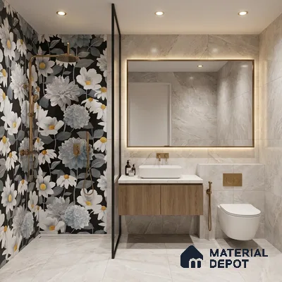 Floral Wall Tile | TL 07191 Stampa Floreale Black | 4 ft x 2 ft Matte Finish Vitrified Tile - 9 mm | Suitable For Living Room, Bathroom, Dining Area (Sample)