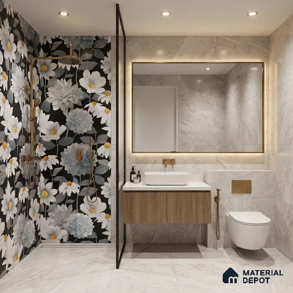 Floral Wall Tile | TL 07191 Stampa Floreale Black | 4 ft x 2 ft Matte Finish Vitrified Tile - 9 mm | Suitable For Living Room, Bathroom, Dining Area (Sample)