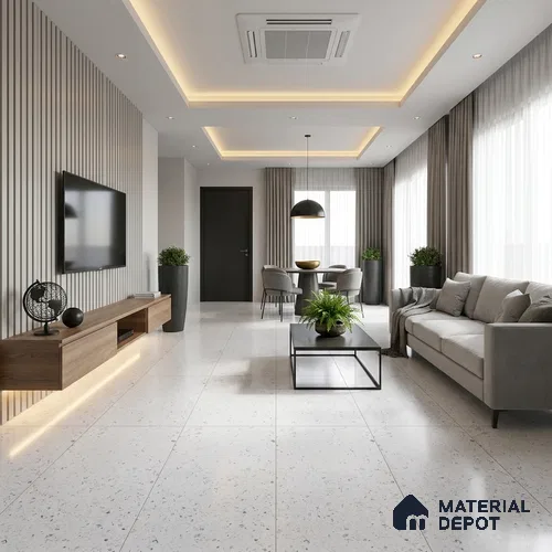 Terrazzo Floor & Wall Tile | TL 07197 Materika Bianco 4 ft x 2 ft Vitrified Matte Finish - 9 mm | Suitable For Living Room, Bedroom, Bathroom