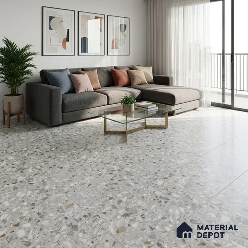 Terrazzo Floor & Wall Tile | TL 07199 B Polico Pearl 2 ft x 4 ft Vitrified Matte Finish - 9 mm | Suitable For Living Room, Bedroom, Bathroom