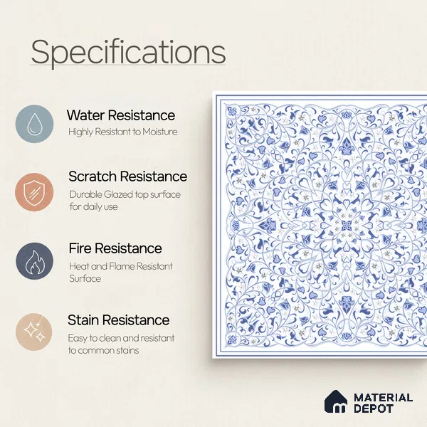 Moroccans Wall & Floor Tile TL 07247 B Azure Lace 1 ft x 1 ft Ceramic Matte Finish - 9 mm | 2 mm Spacer is Mandatory | Suitable For Bathroom, Kitchen, Dining Area | Please Expect a Slight Variation of Pattern