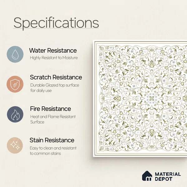 Moroccans Wall & Floor Tile TL 07247 C Olive Lace 1 ft x 1 ft Ceramic Matte Finish - 9 mm | 2 mm Spacer is Mandatory | Suitable For Bathroom, Kitchen, Dining Area | Please Expect a Slight Variation of Pattern