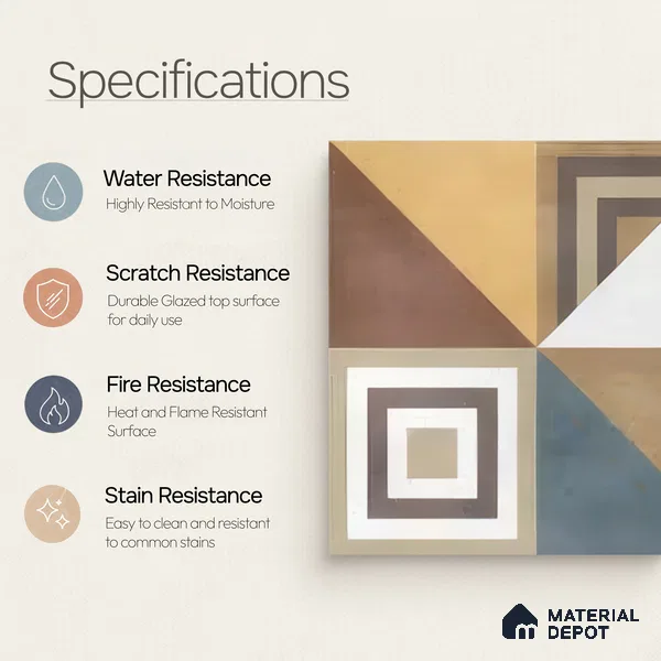 Moroccan Floor & Wall Tile TL 07285 Retro Axis 1 ft x 1 ft Ceramic Matte Finish - 9 mm | Suitable For Kitchen, Bathroom, Dining Area | Please Expect a Slight Variation of Pattern