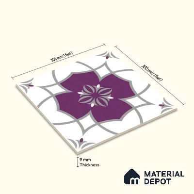 Moroccan Floor & Wall Tile TL 07297 Amethyst Star 1 ft x 1 ft Ceramic Matte Finish - 9 mm | Suitable For Kitchen, Bathroom, Balcony | Please Expect a Slight Variation of Pattern