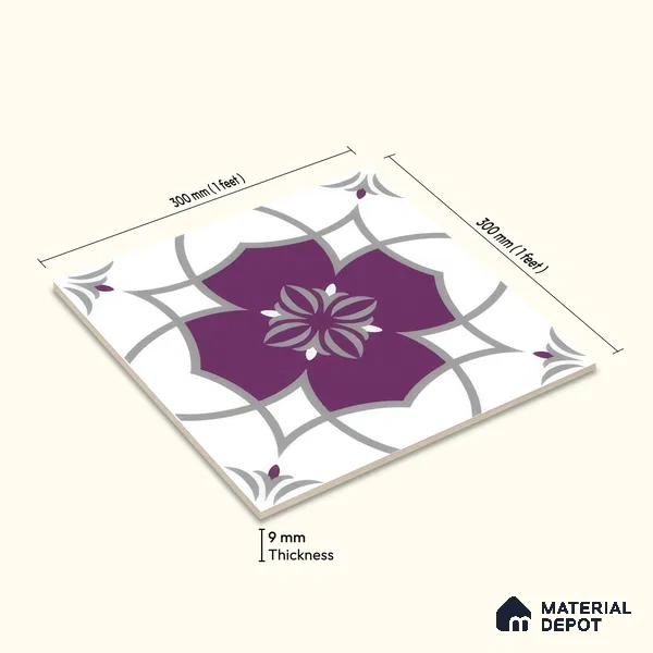 Moroccan Floor & Wall Tile TL 07297 Amethyst Star 1 ft x 1 ft Ceramic Matte Finish - 9 mm | Suitable For Kitchen, Bathroom, Balcony | Please Expect a Slight Variation of Pattern