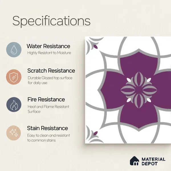 Moroccan Floor & Wall Tile TL 07297 Amethyst Star 1 ft x 1 ft Ceramic Matte Finish - 9 mm | Suitable For Kitchen, Bathroom, Balcony | Please Expect a Slight Variation of Pattern