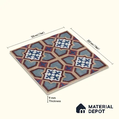 Moroccan Floor & Wall Athangudi Tile TL 07308 Moroc Frame 1 ft x 1 ft Ceramic Matte Finish - 9 mm | Suitable For Kitchen, Bathroom, Dining Area | Please Expect a Slight Variation of Pattern