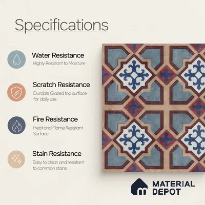 Moroccan Floor & Wall Athangudi Tile TL 07308 Moroc Frame 1 ft x 1 ft Ceramic Matte Finish - 9 mm | Suitable For Kitchen, Bathroom, Dining Area | Please Expect a Slight Variation of Pattern