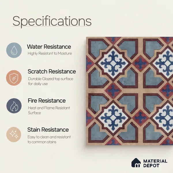 Moroccan Floor & Wall Athangudi Tile TL 07308 Moroc Frame 1 ft x 1 ft Ceramic Matte Finish - 9 mm | Suitable For Kitchen, Bathroom, Dining Area | Please Expect a Slight Variation of Pattern