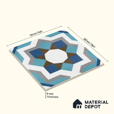 Moroccan Floor & Wall Athangudi Tile TL 07309 Cobalt Maze 1 ft x 1 ft Ceramic Matte Finish - 9 mm | Suitable For Kitchen, Bathroom, Dining Area | Please Expect a Slight Variation of Pattern