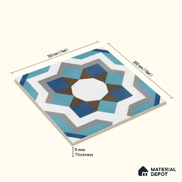 Moroccan Floor & Wall Athangudi Tile TL 07309 Cobalt Maze 1 ft x 1 ft Ceramic Matte Finish - 9 mm | Suitable For Kitchen, Bathroom, Dining Area | Please Expect a Slight Variation of Pattern
