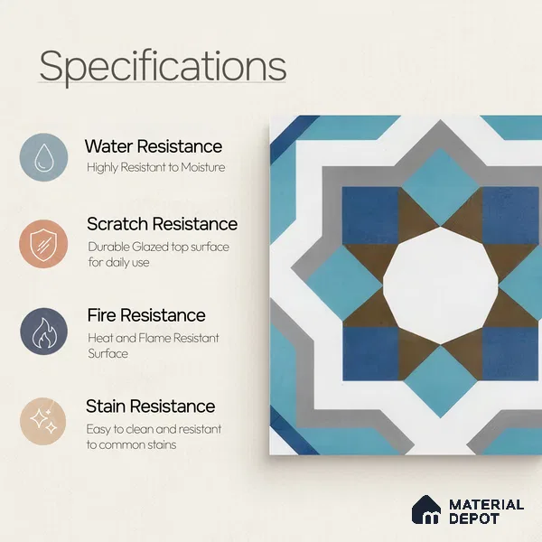 Moroccan Floor & Wall Athangudi Tile TL 07309 Cobalt Maze 1 ft x 1 ft Ceramic Matte Finish - 9 mm | Suitable For Kitchen, Bathroom, Dining Area | Please Expect a Slight Variation of Pattern
