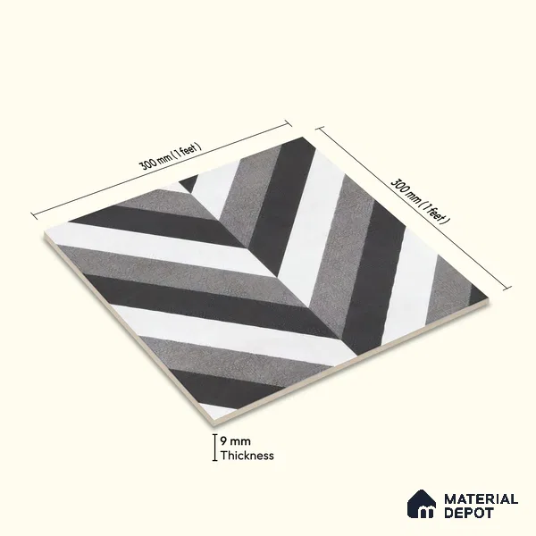 Moroccan Floor & Wall Tile TL 07310 Monochrome Chevron 1 ft x 1 ft Ceramic Matte Finish - 9 mm | Suitable For Kitchen, Bathroom, Entryway | Please Expect a Slight Variation of Pattern