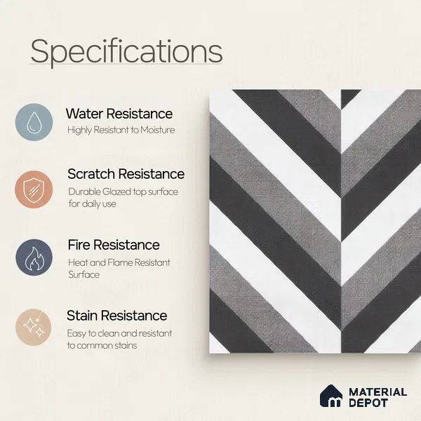 Moroccan Floor & Wall Tile TL 07310 Monochrome Chevron 1 ft x 1 ft Ceramic Matte Finish - 9 mm | Suitable For Kitchen, Bathroom, Entryway | Please Expect a Slight Variation of Pattern