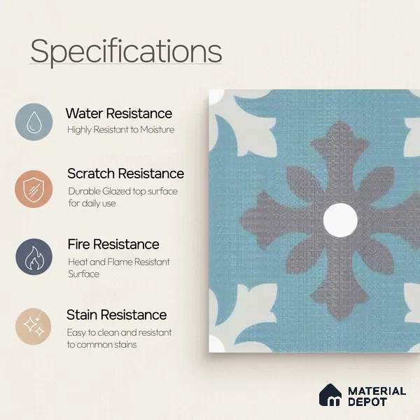 Moroccan Floor & Wall Tile TL 07311 Ocean Motif 1 ft x 1 ft Ceramic Matte Finish - 9 mm | Suitable For Kitchen, Bathroom, Balcony | Please Expect a Slight Variation of Pattern