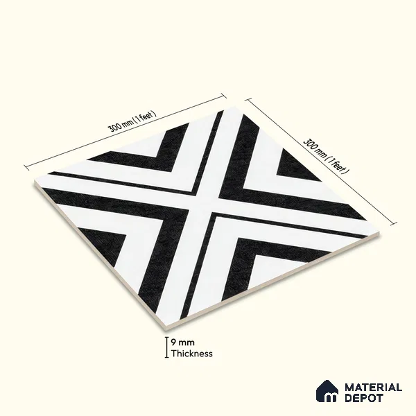 Moroccan Floor & Wall Tile TL 07312 Monochrome Cross 1 ft x 1 ft Ceramic Matte Finish - 9 mm | Suitable For Kitchen, Bathroom, Entryway | Please Expect a Slight Variation of Pattern