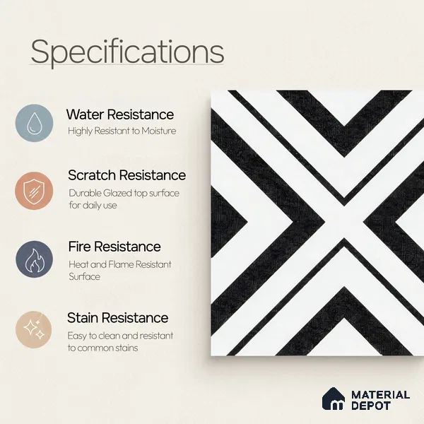 Moroccan Floor & Wall Tile TL 07312 Monochrome Cross 1 ft x 1 ft Ceramic Matte Finish - 9 mm | Suitable For Kitchen, Bathroom, Entryway | Please Expect a Slight Variation of Pattern