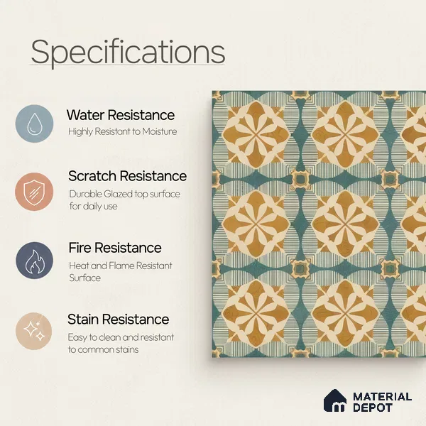 Moroccan Floor & Wall Tile TL 07313 Golden Lattice 1 ft x 1 ft Ceramic Matte Finish - 9 mm | Suitable For Kitchen, Bathroom, Dining Area | Please Expect a Slight Variation of Pattern