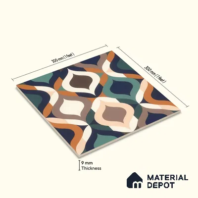 Moroccan Floor & Wall Tile TL 07314 Retro Curve 1 ft x 1 ft Ceramic Matte Finish - 9 mm | Suitable For Kitchen, Bathroom, Dining Area | Please Expect a Slight Variation of Pattern