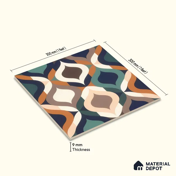Moroccan Floor & Wall Tile TL 07314 Retro Curve 1 ft x 1 ft Ceramic Matte Finish - 9 mm | Suitable For Kitchen, Bathroom, Dining Area | Please Expect a Slight Variation of Pattern