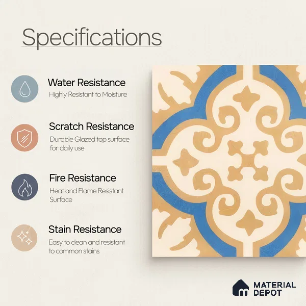 Moroccan Floor & Wall Tile TL 07315 Royal Dune 1 ft x 1 ft Ceramic Matte Finish - 9 mm | Suitable For Kitchen, Bathroom, Dining Area | Please Expect a Slight Variation of Pattern
