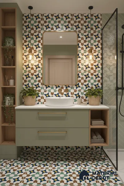 Moroccan Floor & Wall Tile TL 07316 Retro Star 1 ft x 1 ft Ceramic Matte Finish - 9 mm | Suitable For Kitchen, Bathroom, Living Area | Please Expect a Slight Variation of Pattern (Sample)
